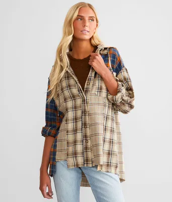 Miss Me Mixed Plaid Hooded Shirt