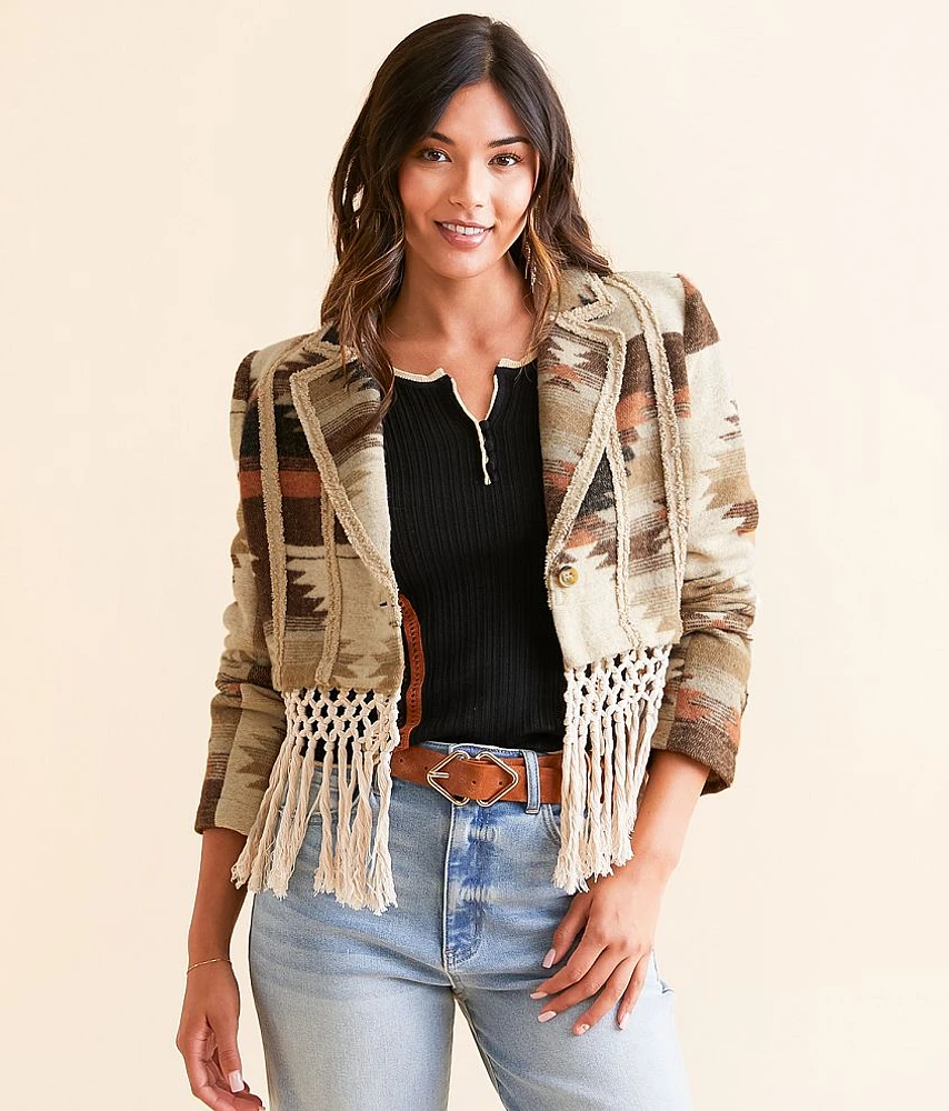 Aztec Macrame Fringe Cropped Blazer