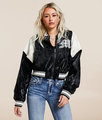 Miss Me Pieced Sheen Faux Leather Bomber Jacket