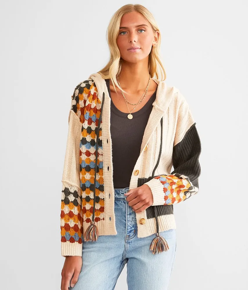 Mixed Print Hooded Cardigan Sweater