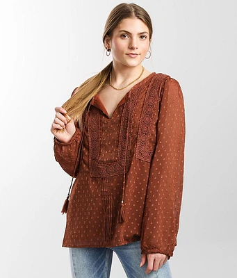 Miss Me Split Neck Swiss Dot Blouse