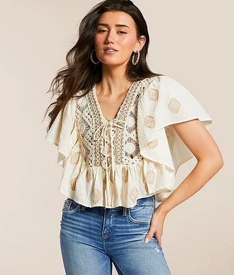 Miss Me Crochet Lace-Up Ruffle Top
