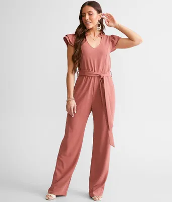Buckle Black Ruffled Split Neck Jumpsuit