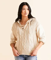 BKE Cable Lace-Up Hooded Sweater