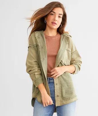 BKE Pieced Crochet Hooded Shacket