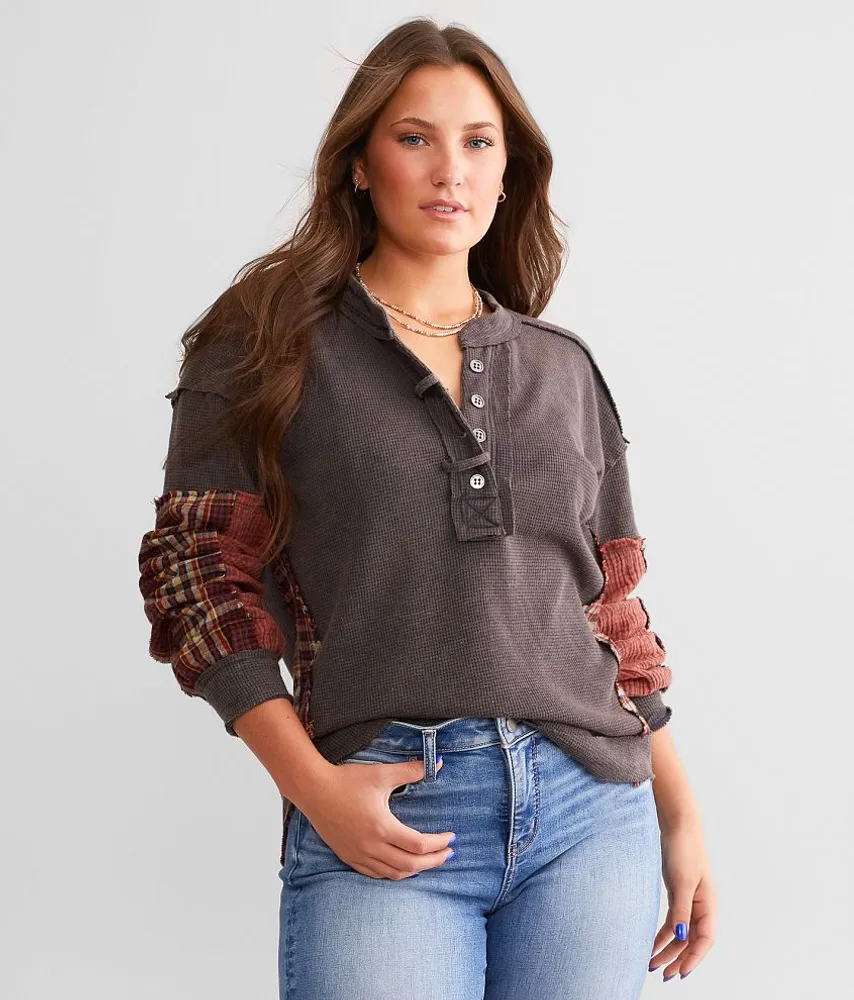 Pieced Plaid Thermal Henley