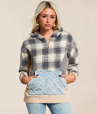 BKE Pieced Plaid Hooded Henley Pullover