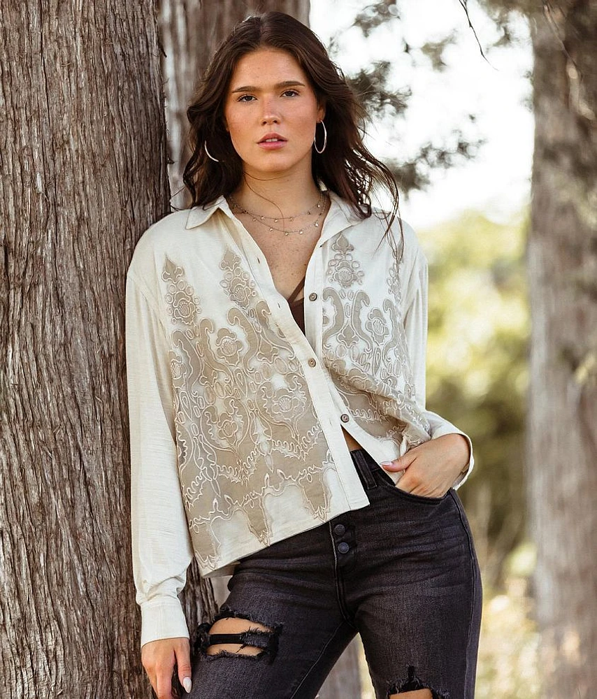 Embroidered Mesh Overlay Shirt