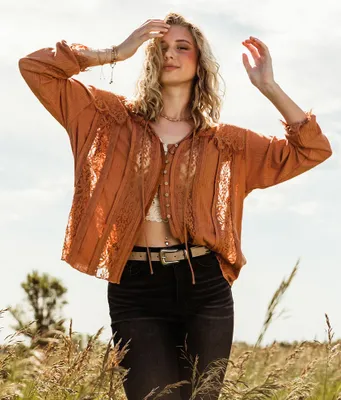 Gimmicks Pieced Lace Front Tie Blouse