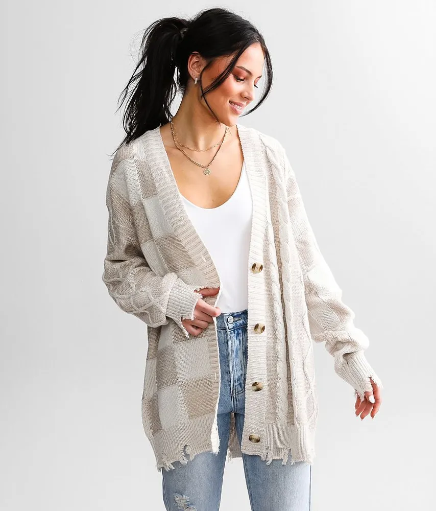 Checkered Cable Knit Cardigan Sweater