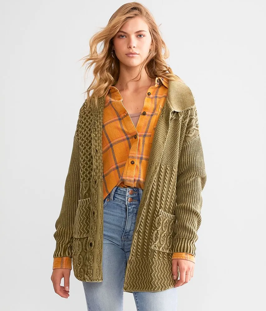 Washed Cable Knit Cardigan Sweater
