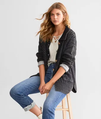 BKE Washed Cable Knit Cardigan Sweater