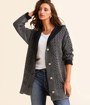 BKE Cable Knit Hooded Cardigan Sweater