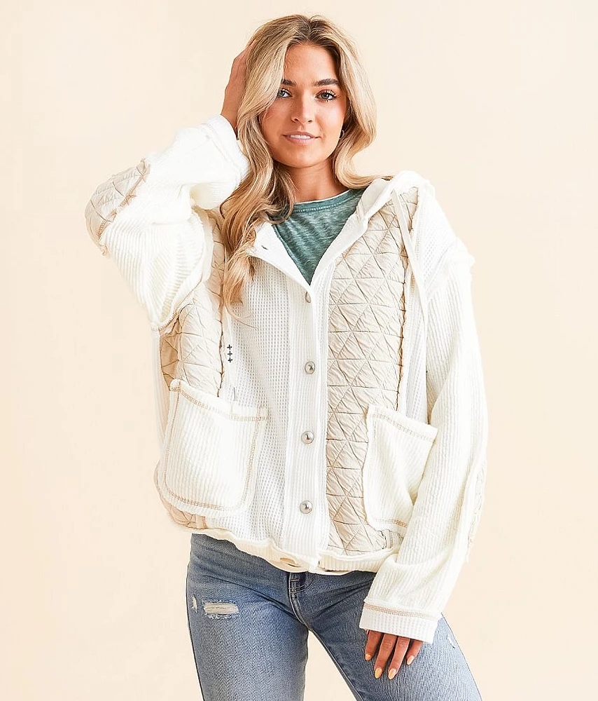 Pieced Raw Edge Waffle Hooded Jacket