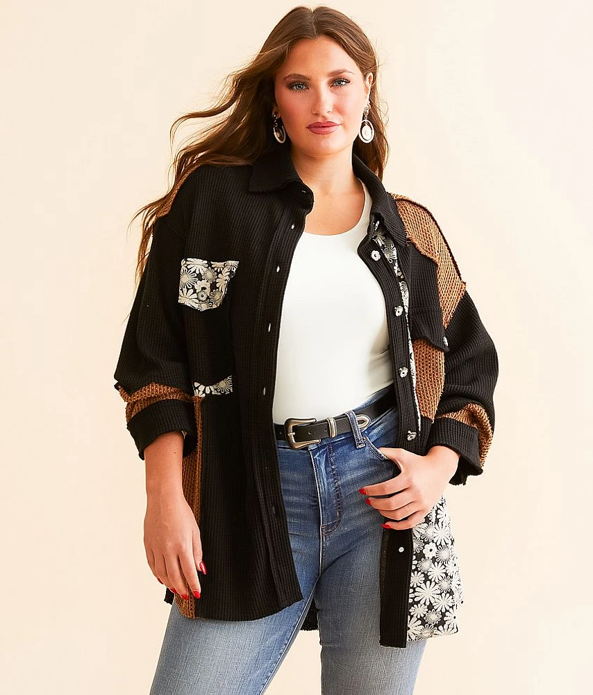 Pieced Floral Waffle Knit Shacket
