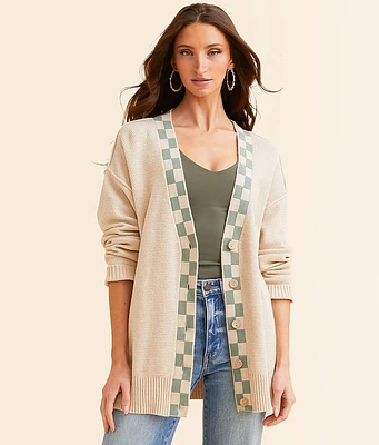 BKE Checker Trim Cardigan Sweater