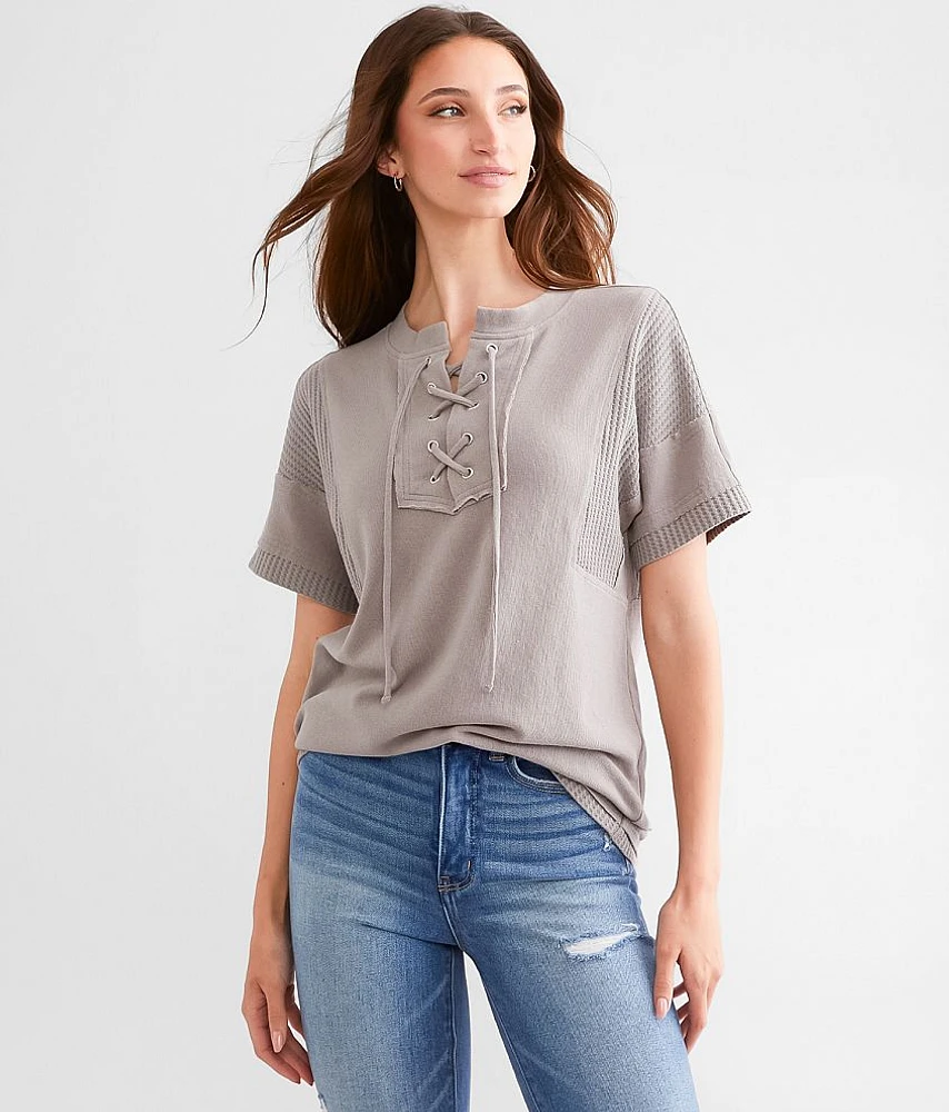 BKE Lace-Up Waffle Knit Top