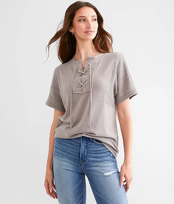 BKE Lace-Up Waffle Knit Top