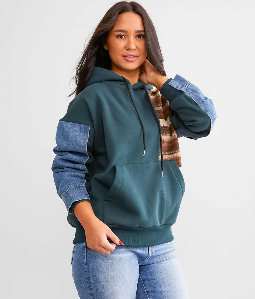 Pieced Denim Hooded Sweatshirt