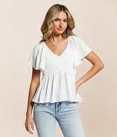 Angie Eyelet Smocked Peplum Top