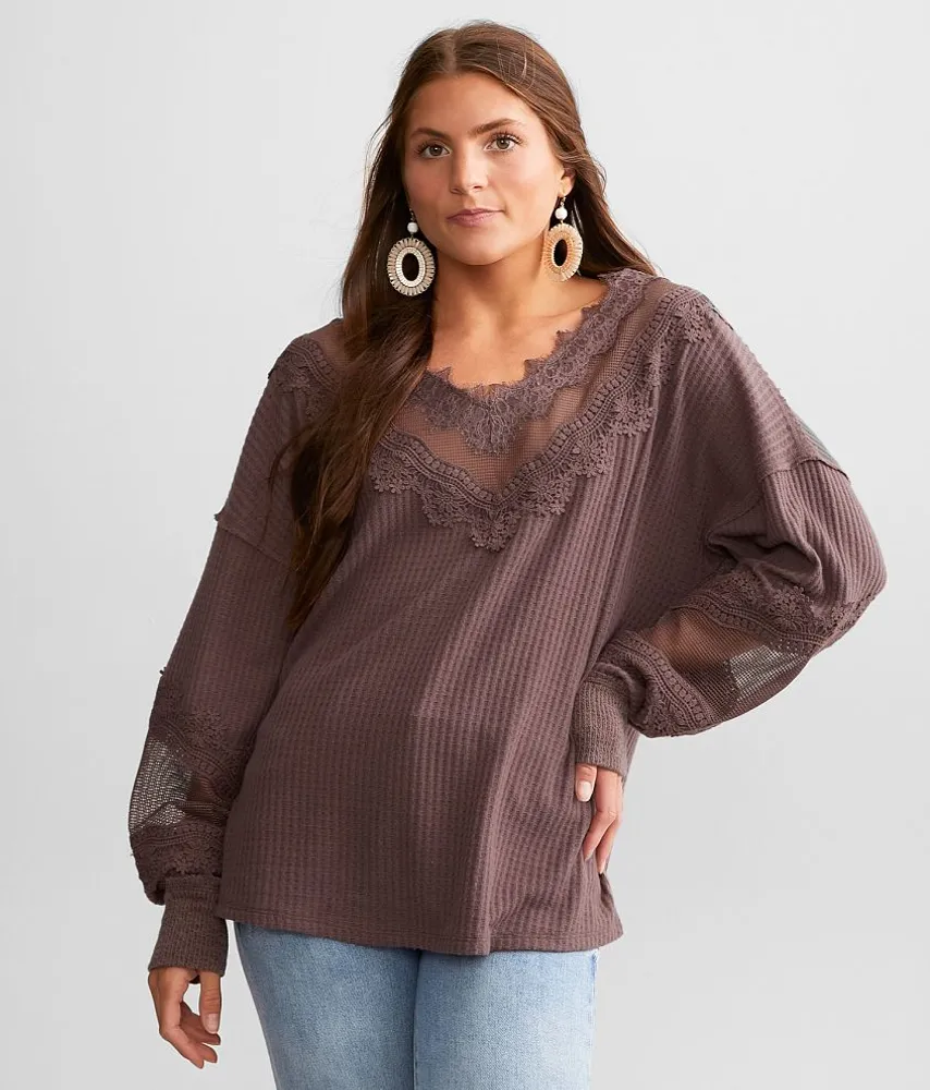 Crochet Applique Waffle Knit Top