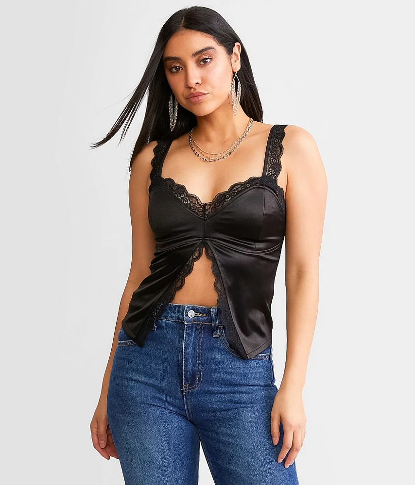 Stretch Satin Split Front Tank Top