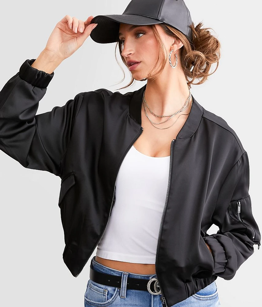Satin Cropped Bomber Jacket