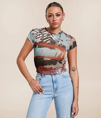 Gilded Intent Graffiti Mesh Cropped Top