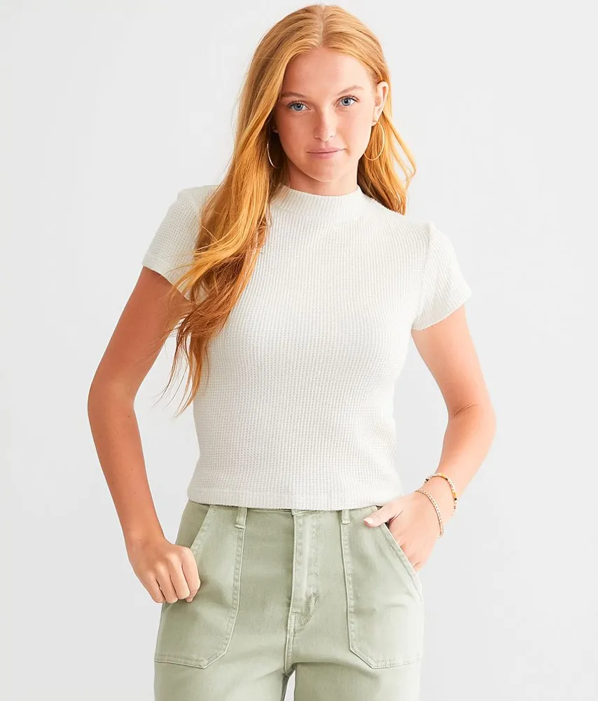 Mock Neck Waffle Top