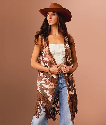 Sterling & Stitch Cow Print Fringe Vest
