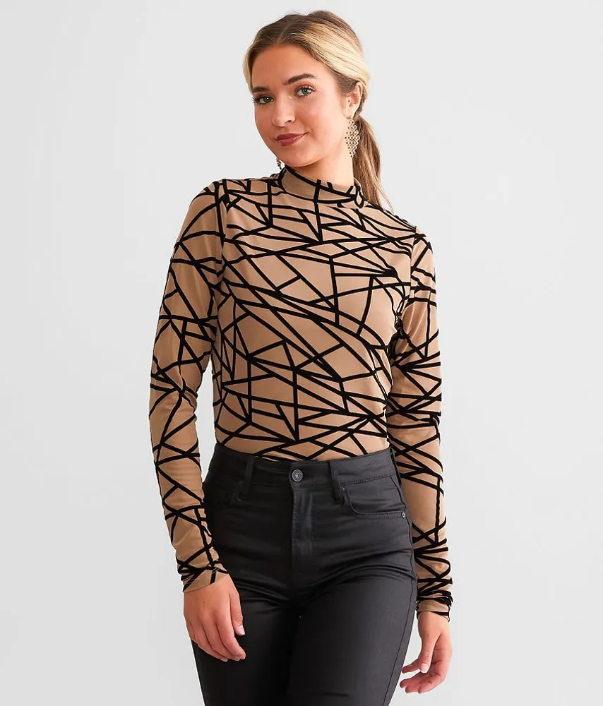 Mock Neck Flocked Top