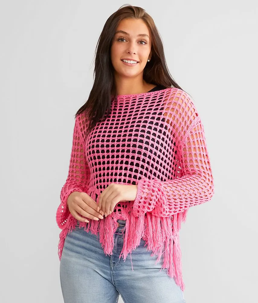 Neon Open Stitch Fringe Sweater