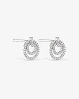 Fine Double Circle Diamond Stud Earrings in Sterling Silver