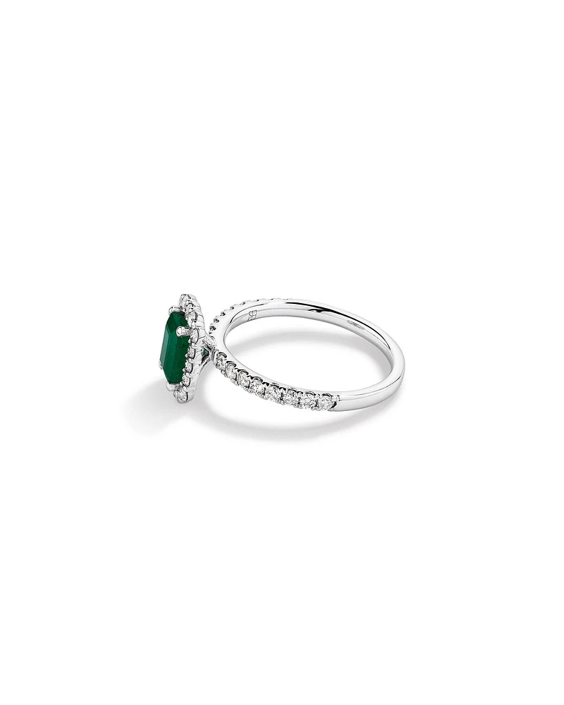 Emerald Cut Green Emerald Gemstone and 0.60 Carat TW Diamond Halo Ring in 14kt White Gold