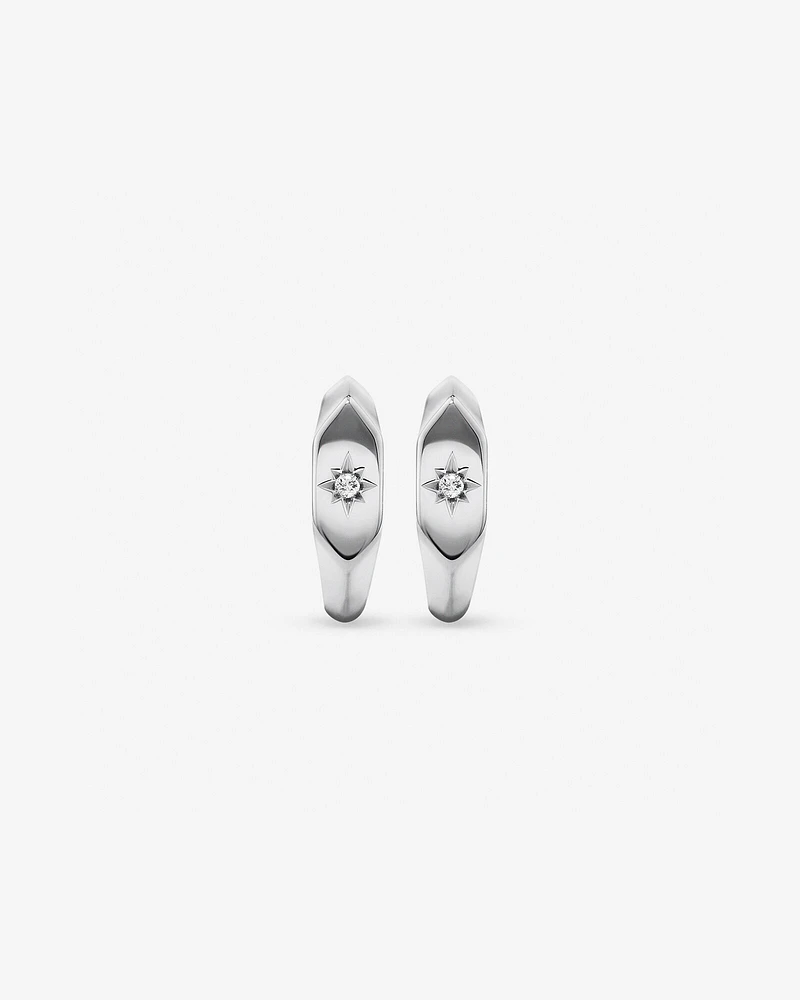 Diamond Star Accent Signet Huggie Hoop Earrings in Sterling Silver