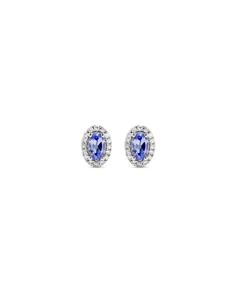 Oval Cut Blue Tanzanite Gemstone and 0.12 Carat TW Diamond Halo Stud Earrings in 10kt White Gold