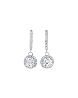 Round Brilliant Cubic Zirconia Halo Drop Hoop Earrings in Sterling Silver