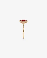 Oval Cut Created Ruby and Diamond Halo Ring in 10kt Yellow Gold