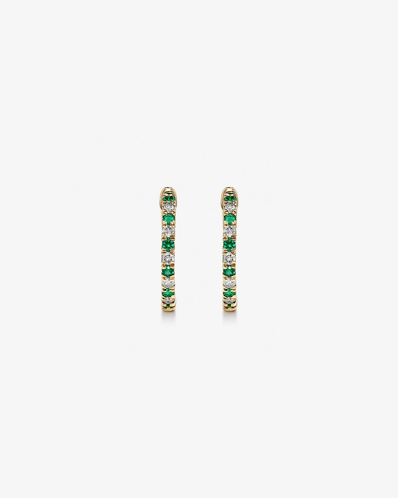 0.22 Carat TW Diamond and Created Emerald Huggie Hoop Earrings in 10kt Yellow Gold