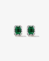 Emerald Cut Green Created Emerald and Lab-Grown Diamond Halo Stud Earrings and Pendant Necklace Set in 10kt Yellow Gold and Rhodium
