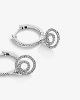 Fine Double Circle Diamond Drop Huggie Earrings in Sterling Silver