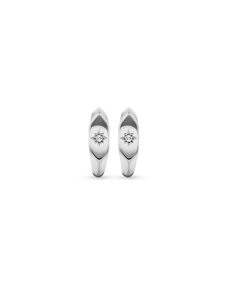 Diamond Star Accent Signet Huggie Hoop Earrings in Sterling Silver