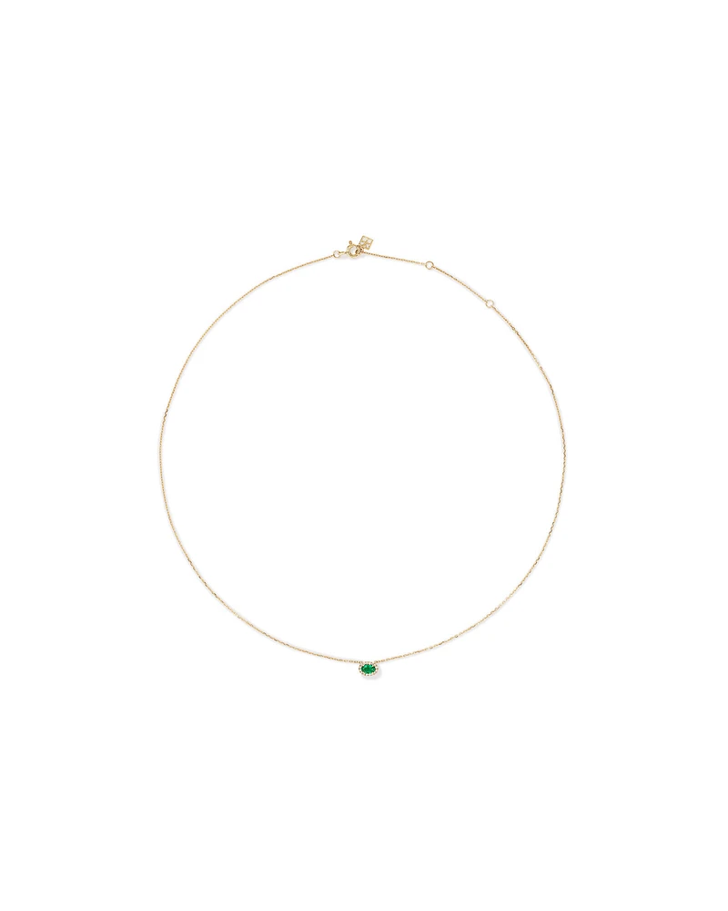 Oval Cut Green Emerald Gemstone and 0.05 Carat TW Diamond Halo Necklace in 10kt Yellow Gold