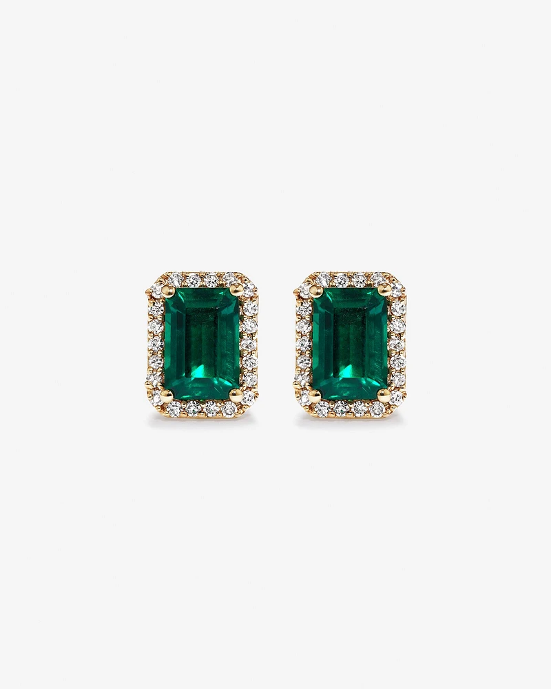 Emerald Cut Green Created Emerald Gemstone and Diamond Halo Earrings in 10kt Yellow Gold