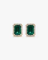 Emerald Cut Green Created Emerald Gemstone and Diamond Halo Earrings in 10kt Yellow Gold