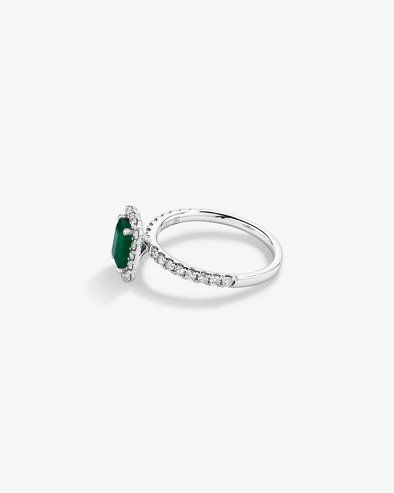 Emerald Cut Green Emerald Gemstone and 0.60 Carat TW Diamond Halo Ring in 14kt White Gold