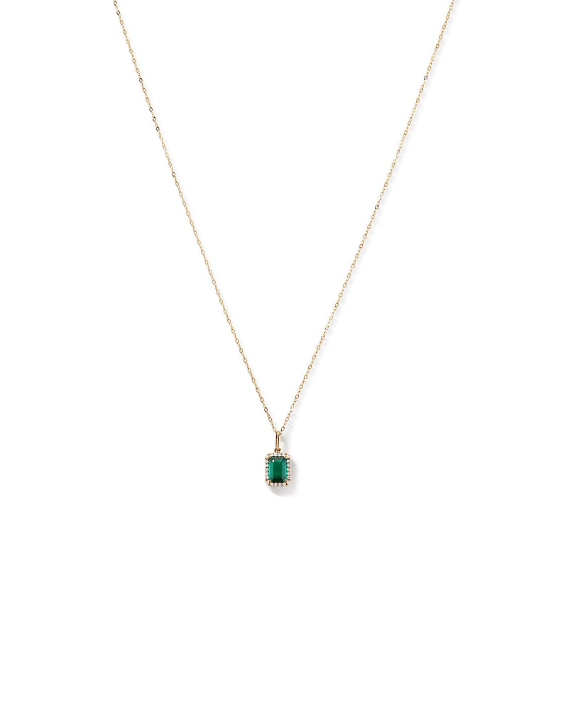 Emerald Cut Green Created Emerald Gemstone and  Diamond Halo Pendant with Chain in 10kt Yellow Gold
