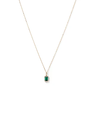 Emerald Cut Green Created Emerald Gemstone and  Diamond Halo Pendant with Chain in 10kt Yellow Gold