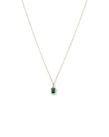 Emerald Cut Green Created Emerald Gemstone and  Diamond Halo Pendant with Chain in 10kt Yellow Gold