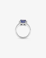 Emerald Cut Blue Tanzanite Gemstone and 0.75 Carat TW Diamond Halo Ring in 14kt White Gold